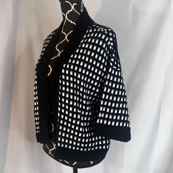 Worthington Black & White Checkered Knit Open Front Cardigan Sweater Size XL - Picture 2 of 8